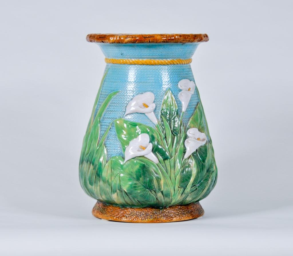 George Jones Majolica Garden Seat: Mushroom-formed garden seat decorated with calla lilies, rope and husk on turquoise ground with "George Jones & Sons" mark Condition: good no cracks, repairs or restoration of any kind. Size: 18" x 14