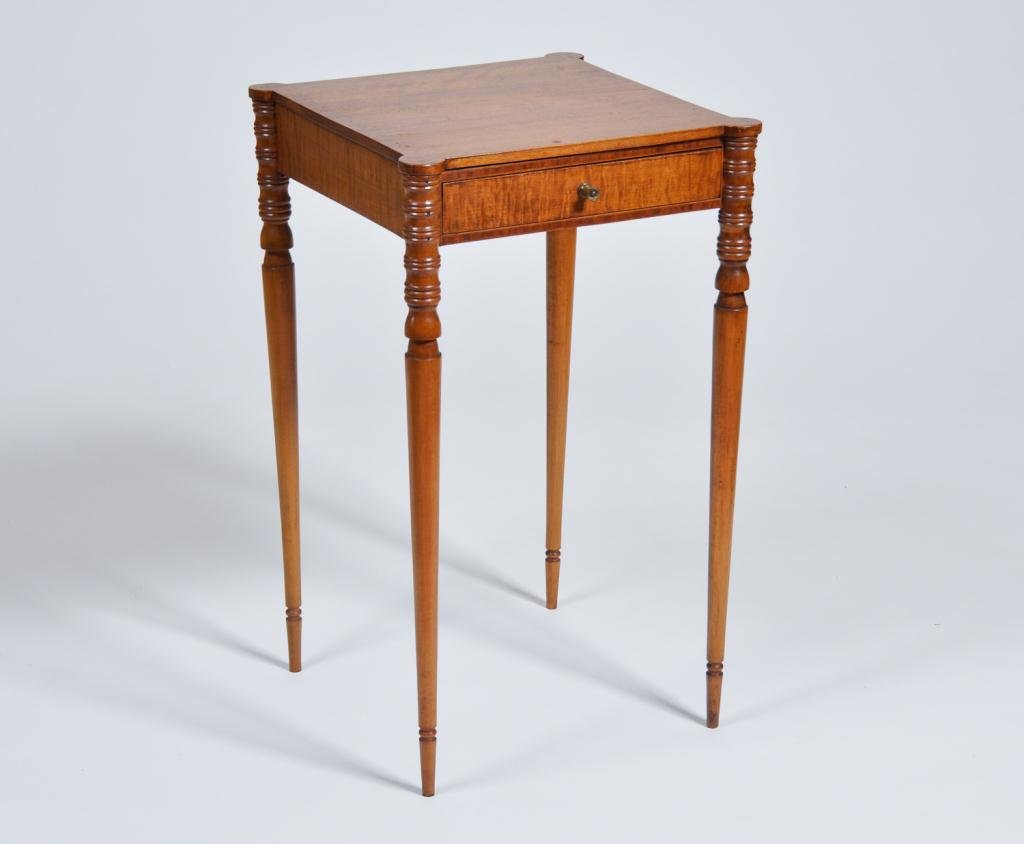 (19th c.) Federal Period One Draw Stand: Sheraton tiger maple turret top one draw stand with turned legs and brass pull. Condition: good, old refinish Size: 28 1/2" x 16 1/2" x 16 1/2"good, old refinish28 1/2" x 16 1/2" x 16 1/2"