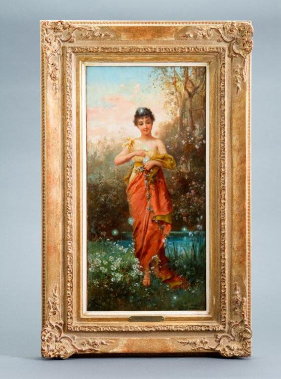 Joseph Bernard (1864-1933) French: Oil on panel "Beauty with Fireflies". Signed lower right. Framed Condition: good Size: 20 3/4" x 10 1/4"good20 3/4" x 10 1/4"