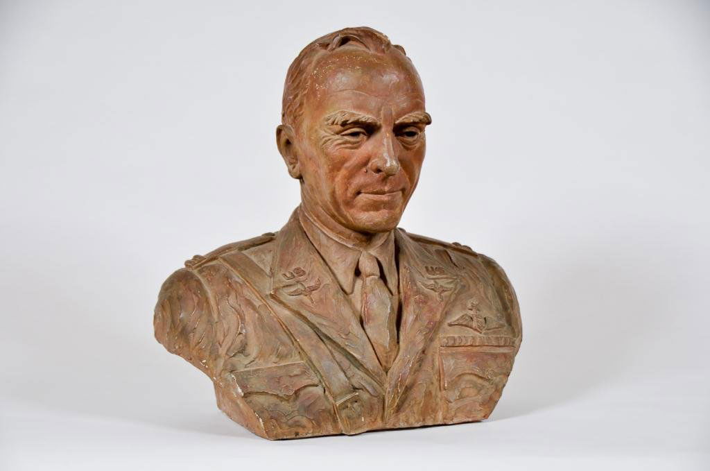 Fisher-Leys (20th c.) American: Early (20th c.) Plaster "Bust of an Air Force Aviator". Signed Fisher-Leys verso. Condition: wear, paint loss, nice golden patina Size: 20" x 21" x 12"wear, paint loss, nice golden patina20" x 21" x 1