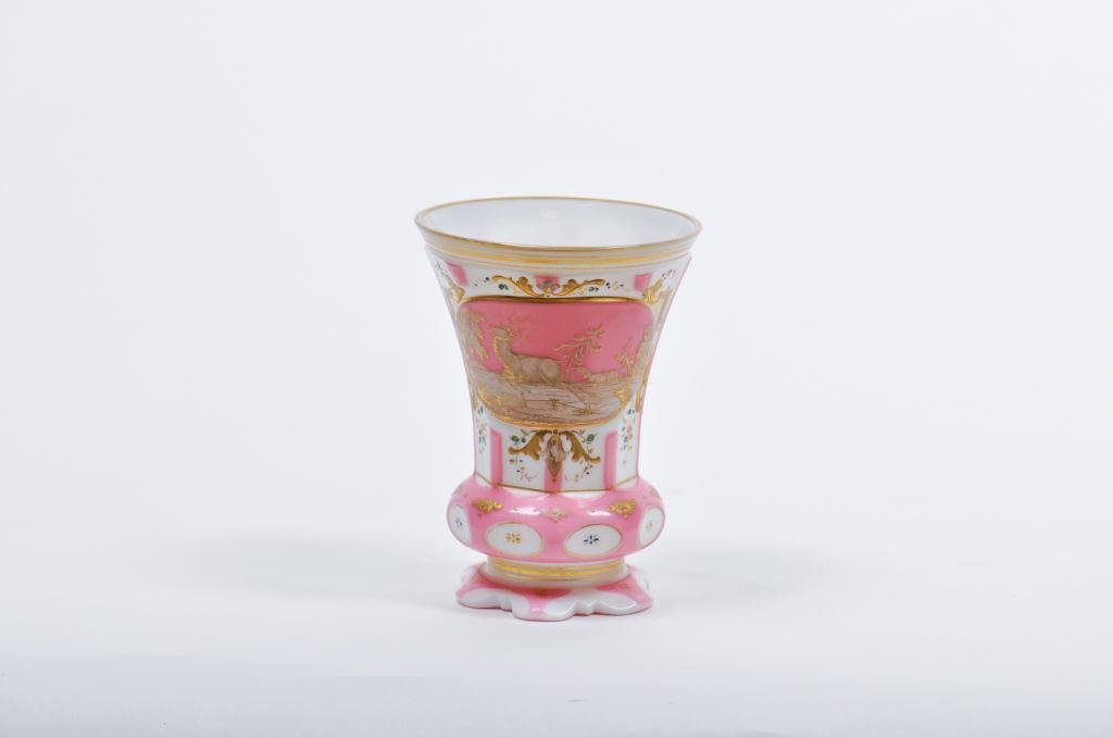 Moser Pink Opaline Scenic Cup with Motto: Aus Frenndlchatt and reverse with moose, enamel floral and gilt decoration Condition: good Size: 5 1/4"good5 1/4"