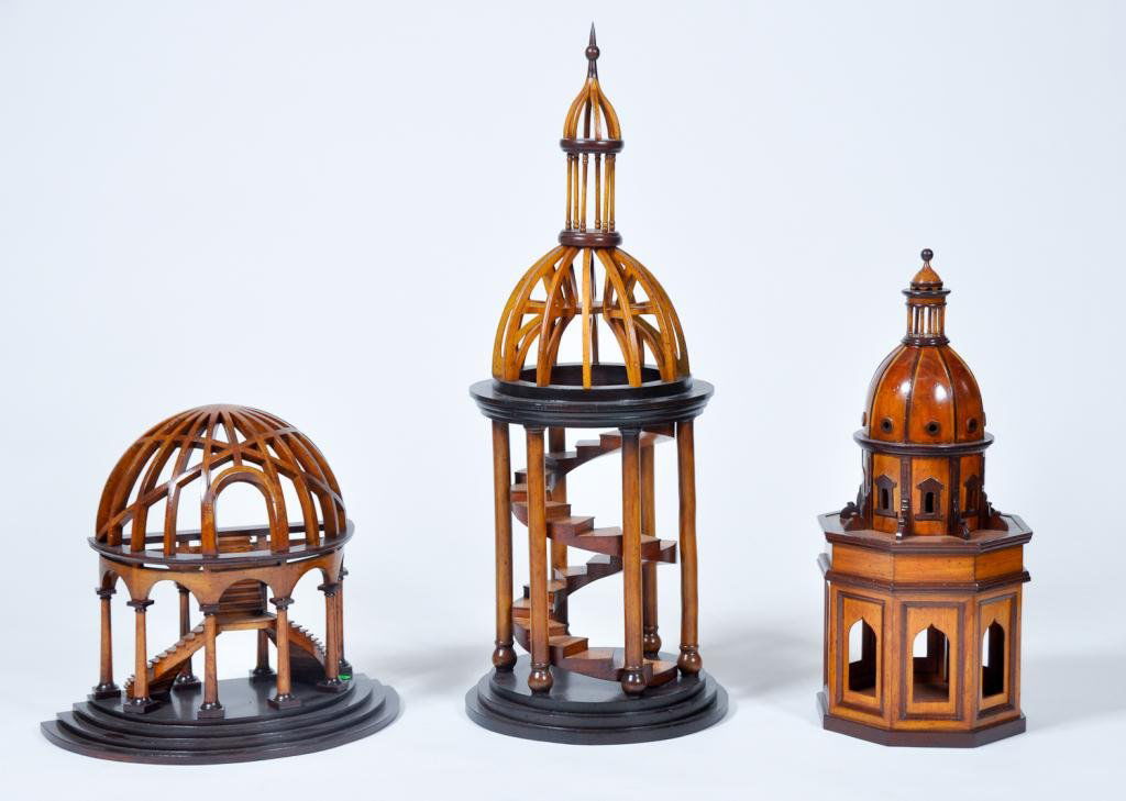 Three Wooden Architectural Whimsies: Three contemporary domed cupolas, two with staircases and doors. Condition: good Size: 36" and smallergood36" and smaller