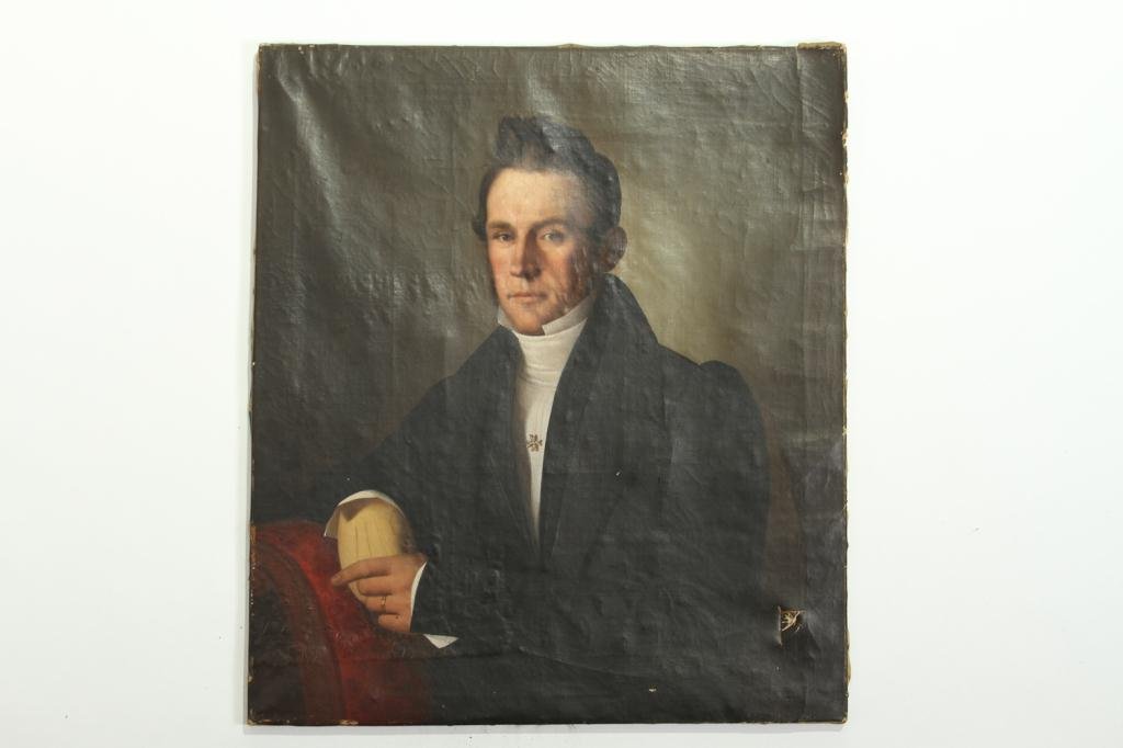 Giuseppe Tominz (1790 - 1866) Italian: Oil on canvas "Portrait of a Gentleman with Glove". Signed Giuseppe Tominz lower right. Unframed. Condition: tear, craquelure, scattered loss, separating from support Size: 31" x 27"tear, craquelure, 