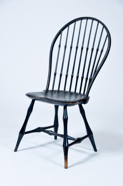 Wallace Nutting Windsor Side Chair: Early (20th c.) bamboo turned nine spindle molded bow-back Windsor side chair with shaped saddle seat, turned legs and stretchers. Condition: original black paint, fine condition Size: 40" x 18" x 15"
