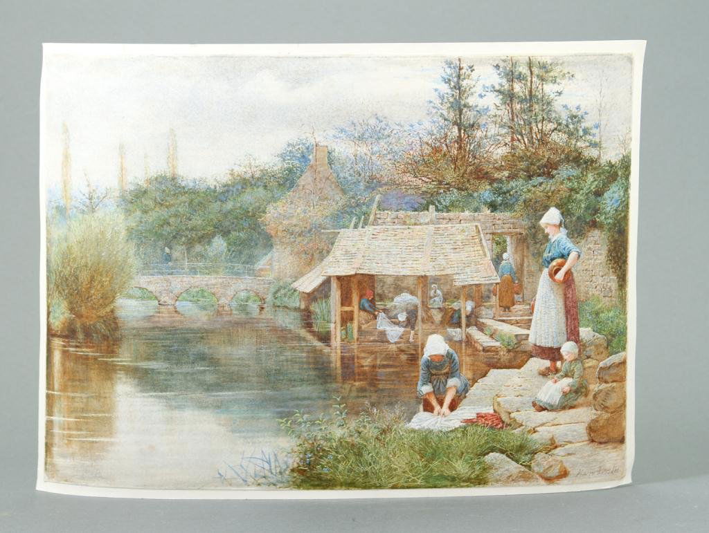British School (19th c.): Watercolor "The Washerwomen". Signed Harry Leslie lower right. Unframed. Condition: good, laid to card stock Size: 14" x 19"good, laid to card stock14" x 19"