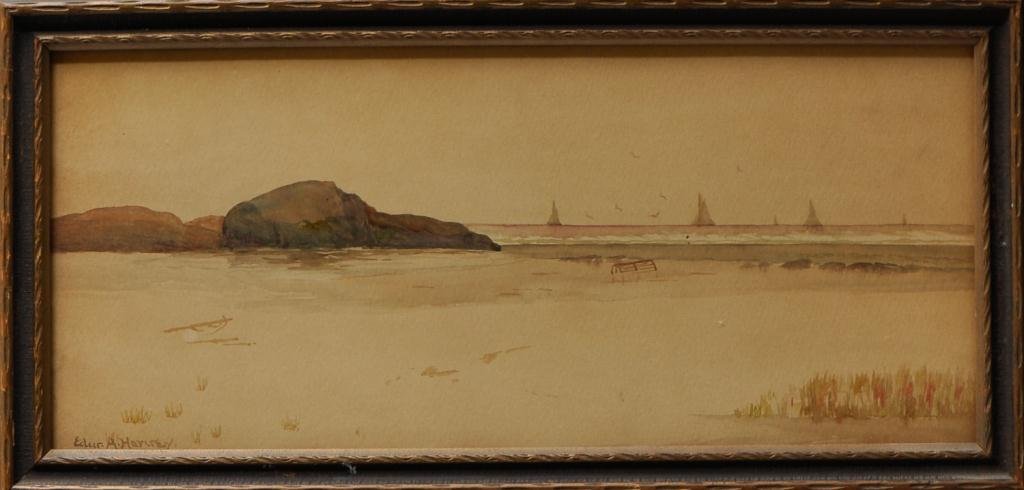Edward A. Harvey (1862-1917) American: (2) Watercolors (1) "Low Tide Coffin Beach Annisquam" signed lower left. (1) "Thatcher's Island, Cape Ann Shore" signed lower right. Framed Condition: toning, foxing Size: 8" x 17 1/2" & 7" x 19"to