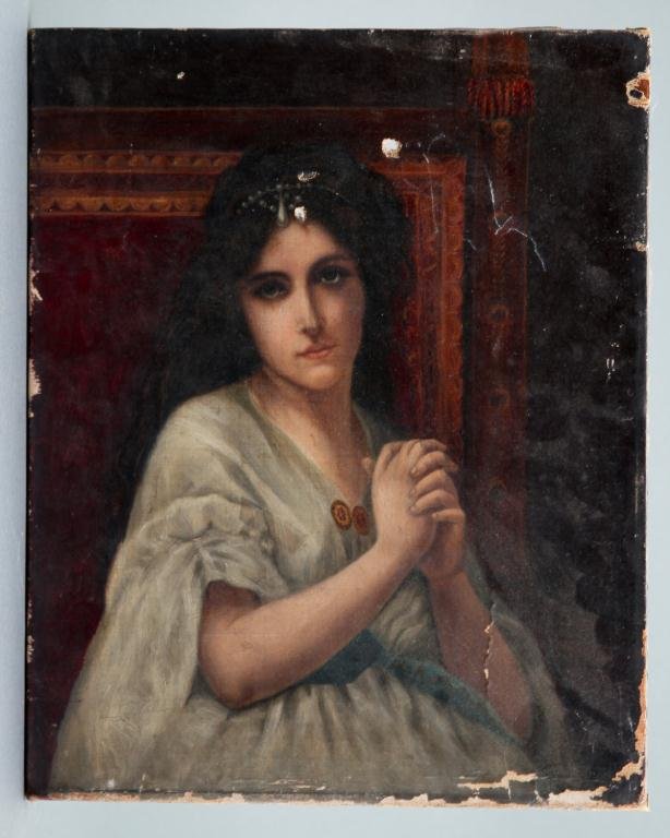 American School (19th c.): Oil on canvas "Woman in Middle Eastern Attire". Unsigned. Unframed Condition: punctures, scattered losses, abrasions, surface grime. Size: 15" x 12"punctures, scattered losses, abrasions, surface grim