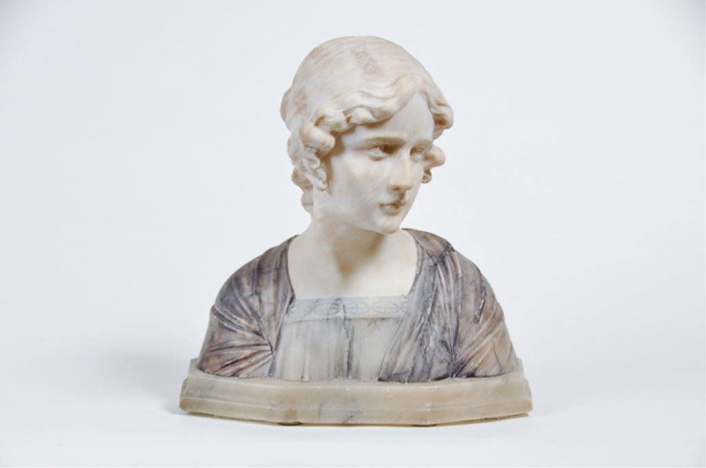 (19th c.) Alabaster Bust of Fair Lady of Mignon: Alabaster bust of the fair lady from the opera "Mignon" signed Guadagni R. Condition: good Size: 16"good16"