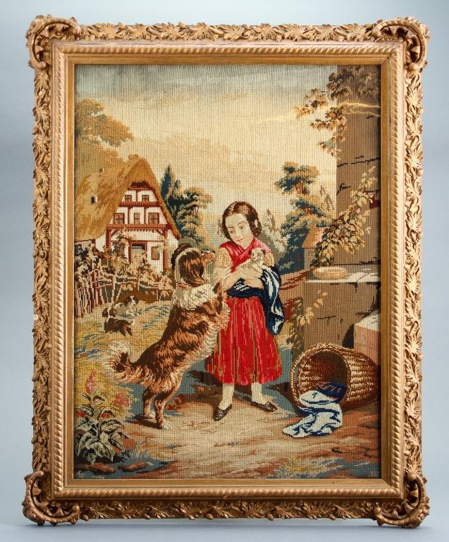 Large Needlepoint Girl in Barnyard w/ Dogs & Puppy: Fine quality needlepoint in gesso acorn and leaf frame Condition: good some loss to frame Size: 31" x 23" (sight)good some loss to frame31" x 23" (sight)