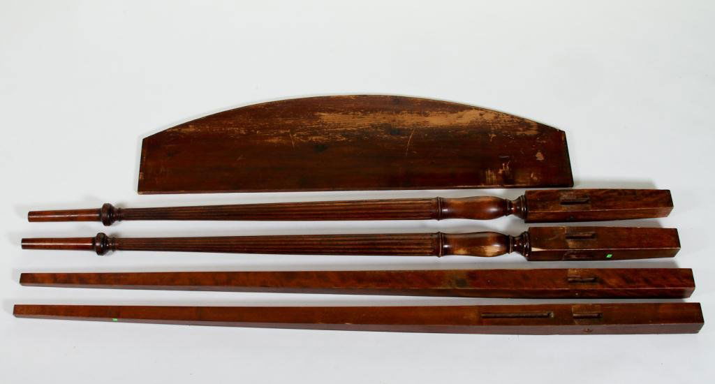 (19th c.) Canopy Bed: Sheraton period four poster flaming birch canopy bed with tapered fluted posts Condition: old finish Size: full sizeold finishfull size