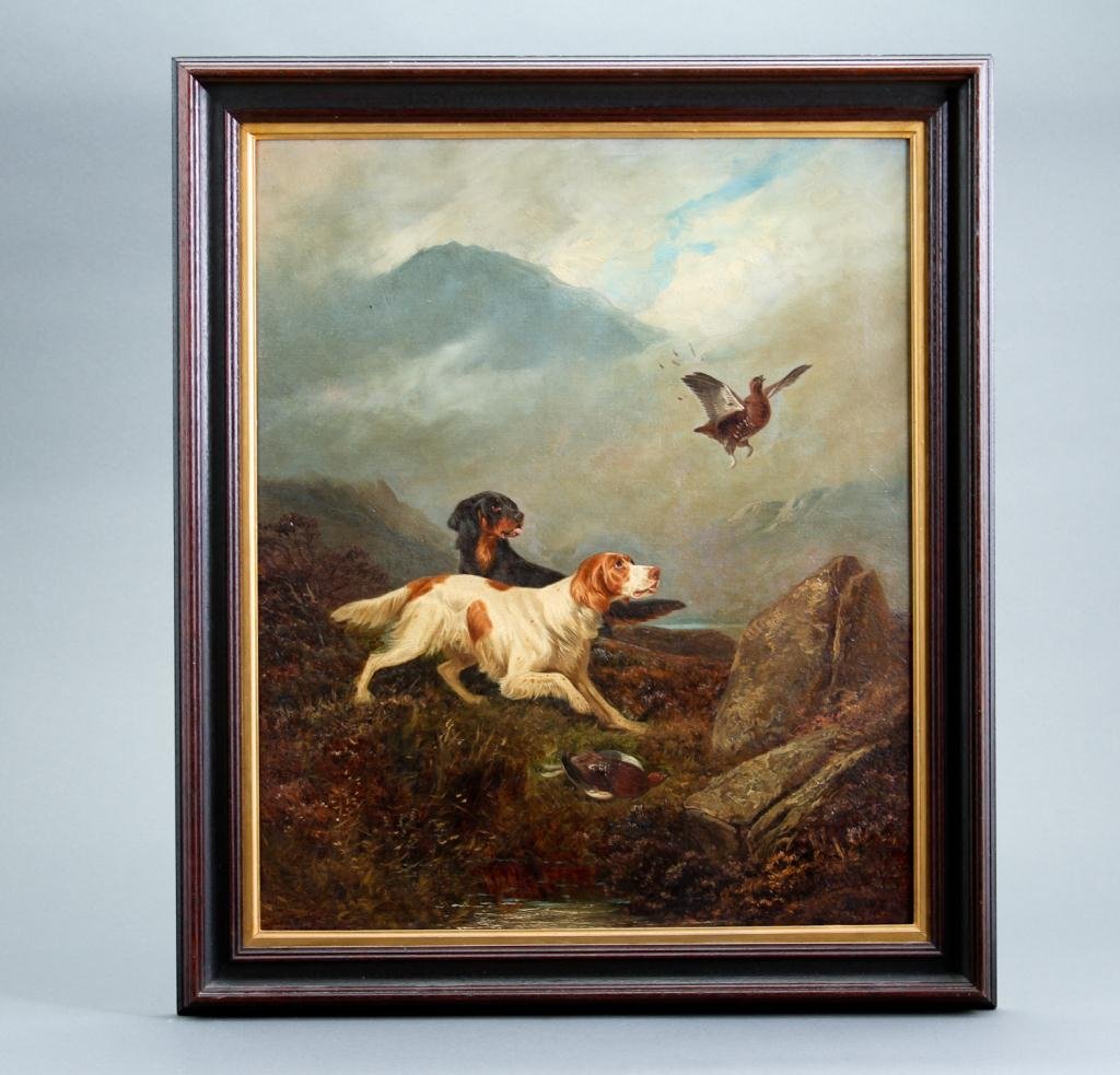 Colin Greene (19th/20th c.) British: Oil on canvas "Flushing out the Game". Signed Colin Greene. Framed Condition: surface grime Size: 24" x 20"surface grime24" x 20"