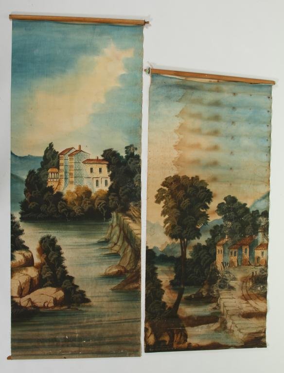 (19th c.) Hand-Painted Window Blinds: Two similar hand painted window blinds with romantic lake shore scenes. Condition: staining, paint loss, wear Size: 51" x 28"staining, paint loss, wear51" x 28"