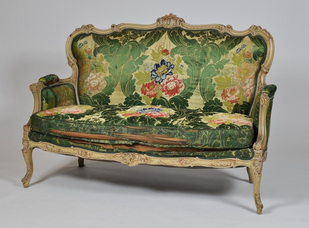 (19th c.) Louis XV-Style Settee & Chairs: Louis XV-style putty painted canape settee and chair with carved shell and foliate frame together with another similar chair. Condition: good, chips to crest rail and volute on base of arm, overall ev