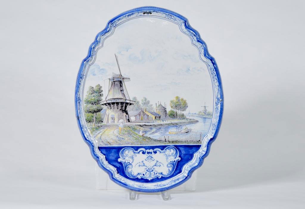 Dutch Porcelain Plaque: Large Dutch porcelain plaque polychrome tin glaze decoration Condition: some minor flaking to glaze on edge Size: 23 1/2" x 19"some minor flaking to glaze on edge23 1/2" x 19"