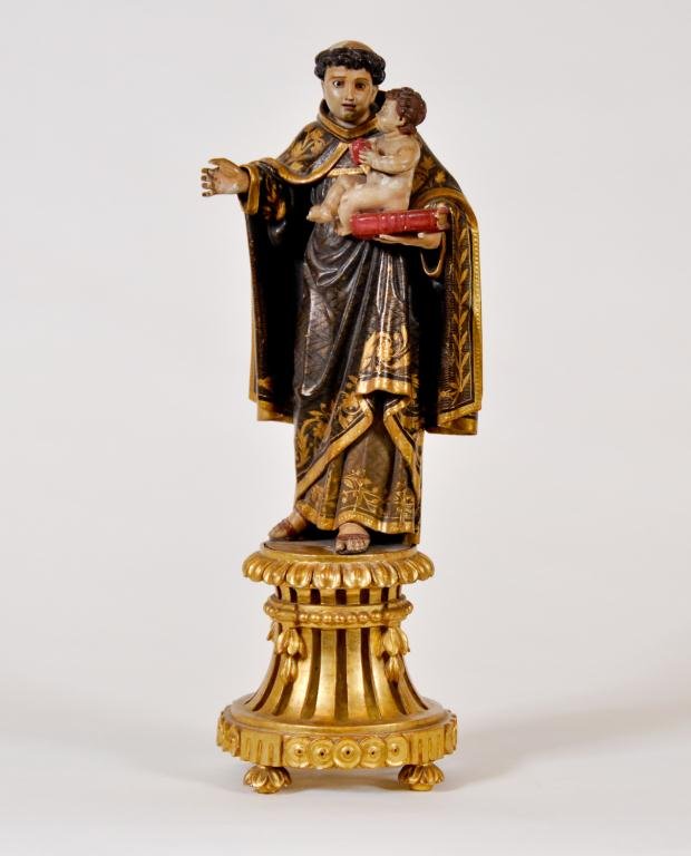 Gilt Wood Carved Saint: Antique polychrome and gilt decorated Italian carving on stand with glass eyes Condition: good, minor losses Size: 12" h. 5" basegood, minor losses12" h. 5" base
