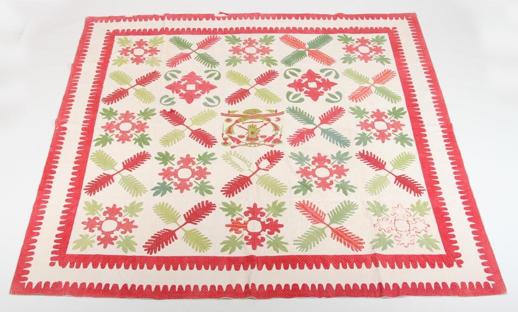Odd Fellows Quilt: (19th c.) quilt designed around center square with "Heart and Hand" and other Odd Fellows symbols, signed "Anne T Hooper?" Condition: losses throughout needs restoration Size: 102" x 100"losses throug