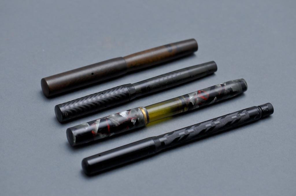 Four Fountain Pens: Four fountain pens, Nupoint fountain pen, 5"L, nib marked "The Moore Pen 4Y"; "Ready Fountain" Pat. Feb'y 22,1898", 5 1/4"L, nib marked "Ready Fountain A.N.C."; "Crocker Ink-Tite Boston Pat. Jan. 30 1