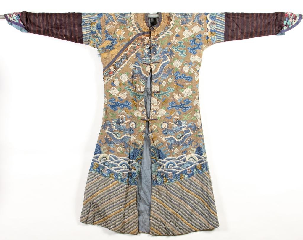Ladies Imperial Chinese Robe: Flat woven, open button front decorated with five toe dragons, waves, clouds. Condition: extensive fading and fabric loss Size: 47" x 26" at back of shoulders, 24" at chestextensive fading and fabric 
