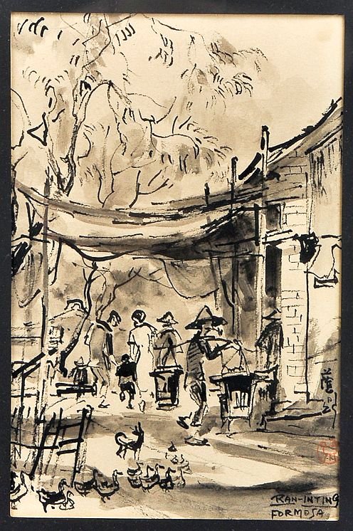 Ran In-Ting (1903-1979 Taiwanese): Ink / Ink wash on paper "Formosa Market Scene". Signed Ran-Inting lower right. Framed Condition: minor toning Size: 10" x 6 3/4"minor toning10" x 6 3/4"