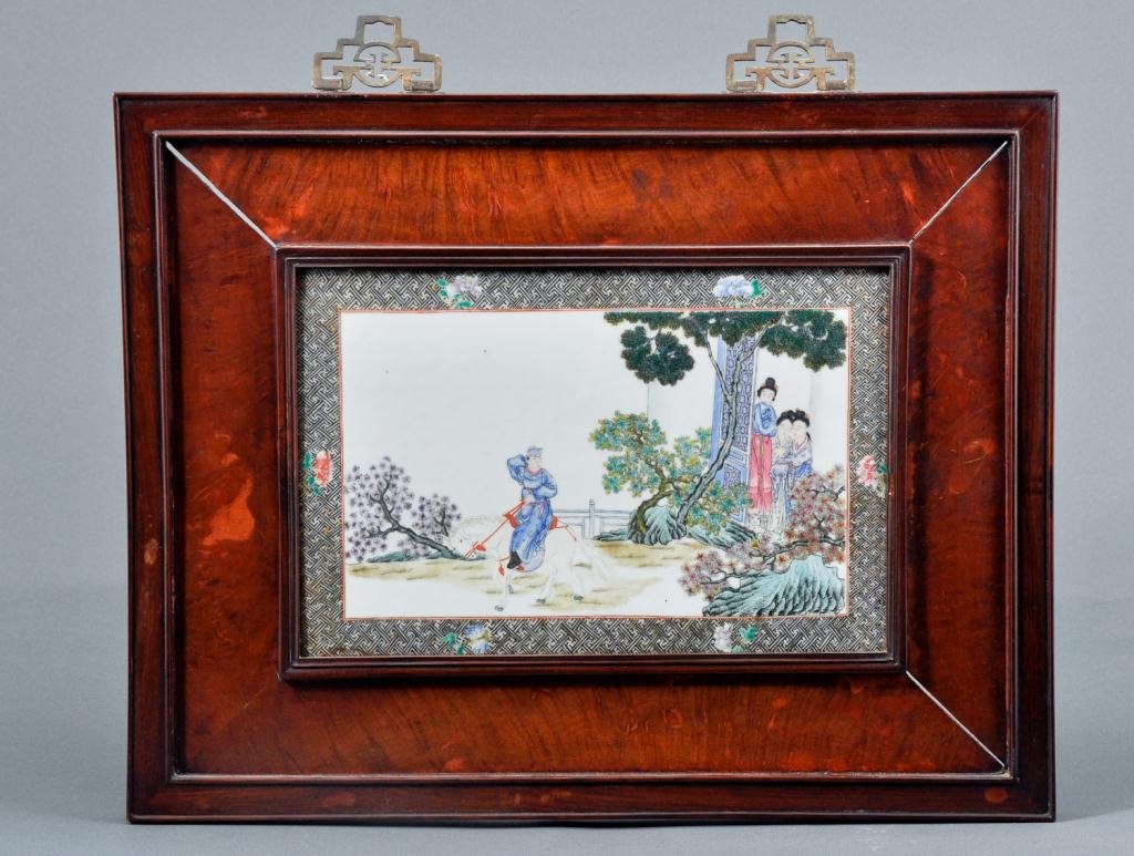 Large Chinese Famille Rose Porcelain Plaque: Fine quality antique Chinese porcelain plaque with rose wood frame and brass hanging mounts Condition: good, shrinkage on frame Size: 23 1/4" x 18 7/8" and 14 3/4" by 9 7/8"good, shrinkage on frame23 