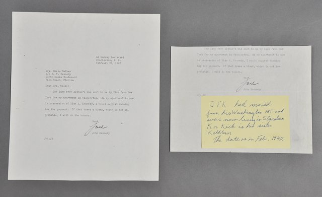 1942-Feb, John F. Kennedy, Signed Letter: (1) Page letter, from J.F.K. to Mrs. Doris Walker, explaining that J.F.K. would pay for a lamp if "Kick" (his sister Kathleen) fails to do so. February 27, 1942. Signed "Jack", 6" x 8". Condition: Cut