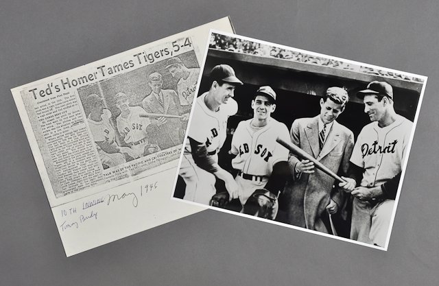 1946-May, John F. Kennedy, Photo with Red Sox: (1) Photograph of Ted Williams, Eddie Pellagrini, J.F.K. and Hank Greenberg. Taken in May of 1946 at Fenway Park. 8" x 10". Photograph is reprinted at a later date. A photocopy of the news article whi