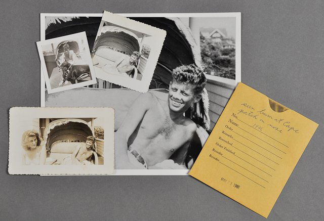 1946-John F. Kennedy, (3) Snap-shots on Porch: (1) Photograph of J.F.K. and Eunice laughing, (1) with J.F.K. with dog "Mo" and (1) by himself. A negative of the one by himself and two reprints made by David Powers in the 1960's accompanies the lot