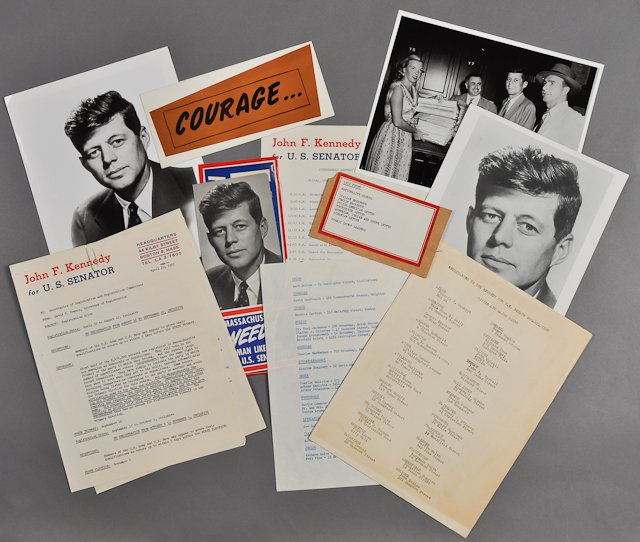 1952-J.F.K. Campaign for U.S. Senate: Trifold promotional handout. (Stuck to what appears to be a bumper sticker). Trifold promotional handout "The Story of J.F.K.", 1952 Campaign schedule, Period speech, JFK for Senate registration drive