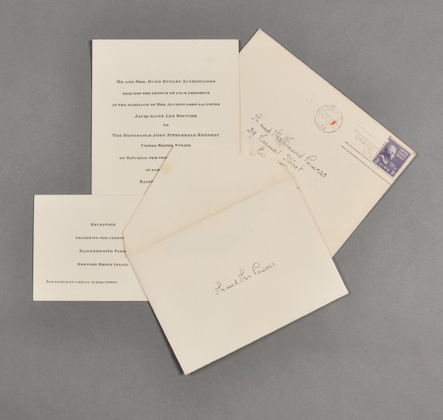 1953-Sept, J.F.K. & Jackie Wedding Invite: (4) Piece invitation to Mr. and Mrs. David Powers for the wedding of Jacqueline Lee Bouvier to the Honorable John Fitzgerald Kennedy on September 12th, 1953. Condition: Toning, soiling, smudging to ha