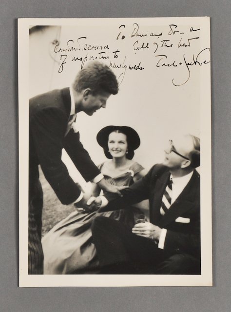 1953-Sept 12, J.F.K. and Jackie, Signed Photo: (1) Wedding day photograph of J.F.K. greeting Mr. and Mrs. Powers. Inscription written by Jackie, "To Dave and Jo- a constant source of inspiration to newlyweds. Signed by both J.F.K. and Jackie, "All