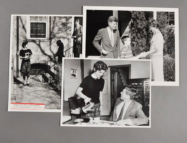 1954-Jackie Kennedy at Georgetown: (1) Photograph of Jackie leaving Senator J.F.K. and walking off to class, 8" x 10". Self adhesive label annotating scene has been placed lower left. (2) photographs of Jackie pouring J.F.K. coffee at