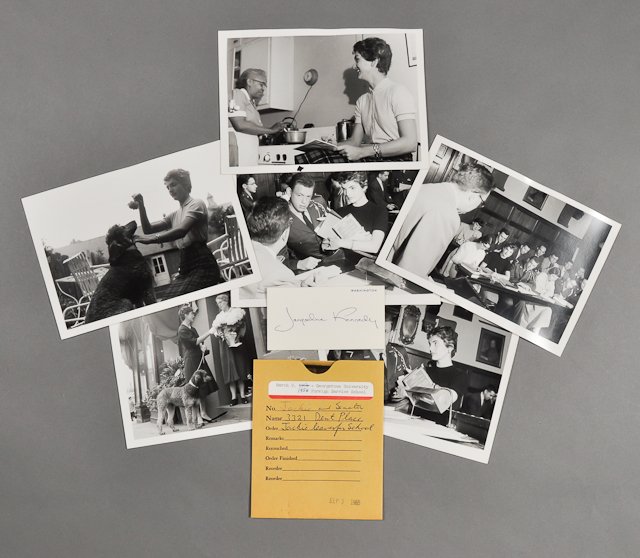 1954-Jackie Kennedy at Georgetown: (6) Photographs of Jackie in classes, etc. at Georgetown, each 5" x 7". Condition good. "Not for publication for personal use only" stamped verso. Jackie Kennedy facsimile signed Washington calling ca