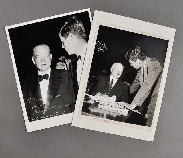 1956-Jan, J.F.K., Photo with Herbert Hoover: (1) Photograph of former President Herbert Hoover talking with Sen. Kennedy. Hoover told Congress that some relief must be given to Presidents. Taken 1/16/56 with typed byline verso and John C. Dowd s