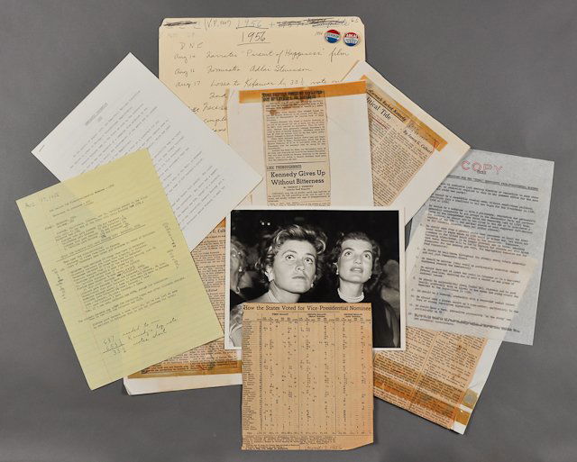 1956-Aug, J.F.K. Vice Presidential Nominee: (5) Page typed account of the 1956 Democrat Convention. (2) Stevenson/Kefauver Campaign Buttons (1) page typed copy of the "Ideal Democratic V.P. Nominee." David Powers' personal data on how Kennedy w