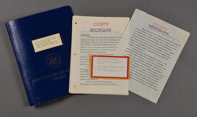 1956-Nov 8, J.F.K.-Stumping for Stevenson: (1) Page typed copy of J.F.K.'s "Suggested Introduction of Stevenson," Oct 29, 1956, which aired on nationwide television. (15) page typed copy of J.F.K's remarks addressed to the Tavern Club, Boston,
