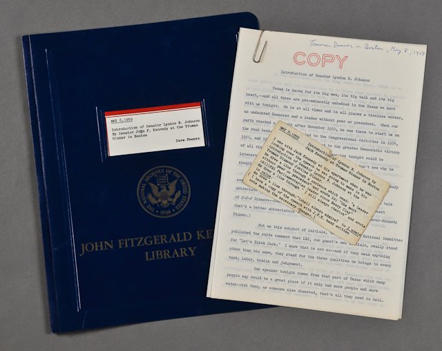 1959-May, J.F.K., Intro of Lyndon Johnson: (3) Page original copy of the "Introduction of Senator Lyndon B. Johnson" by Senator J.F.K. at the Truman Dinner in Boston, May 8, 1959. Together with a great little index card of notes regarding the 