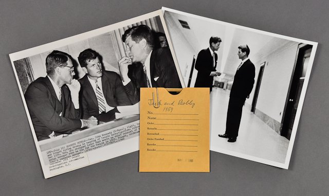 1959-July, Kennedy Family Iconic Photos: (1) Photograph of J.F.K. and Bobby, 8" x 10" with negative. Paperclip stain and impression. (1) Photograph of "Kennedy Huddle" with J.F.K., Bobby and Ted during subcommittee recess, stamped "Associate