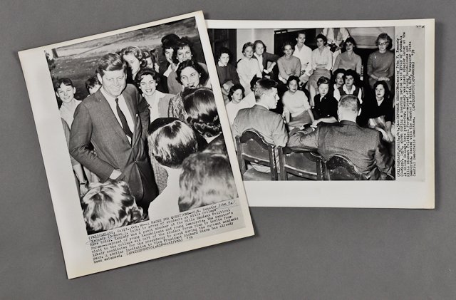 1959-Nov 2, J.F.K. Campaigning in CA: (2) Associated Press photographs (fully annotated) of J.F.K. campaigning at Mills College in Oakland, CA. Nov 2, 1959, 8" x 11" each. Condition: Toning, (1) bent corner