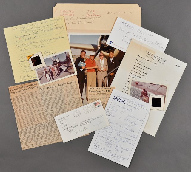 1959-J.F.K., Rat Pack, Sinatra Signed Record: (1) Color photograph of Frank Sinatra, Peter Lawford, J.F.K. and Dave Powers, 8" x 10" mounted, with the same image in a 3 1/2" x 5" print as well as slide formats. (1) Color photograph of Peter and P