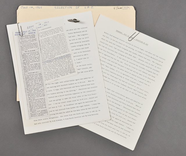 1960-Selection of Lyndon Johnson for VP: (8) Page account by David Powers with a photocopy of an article of Johnson's acceptance speech, together with an extra copy and a JK '60 PT 109 lapel pin. (3) Kennedy/Johnson campaign buttons (1) Kenn
