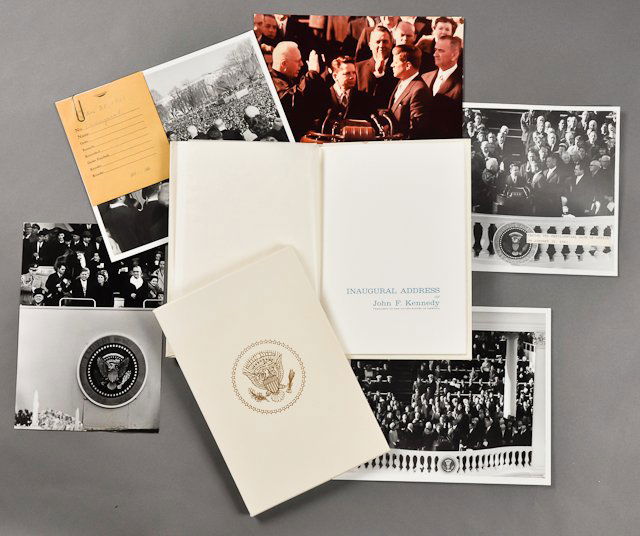 1961-Jan 20, J.F.K. Inauguration Swearing-In: (4) Photographs, (1) color, of J.F.K. being sworn into office, 8" x 10". (1) Photograph of J.F.K. with parents waving, 9 1/2" x 7", taken by Bill Ray from Black Star. Hardcover bound copy of J.F.K.'s