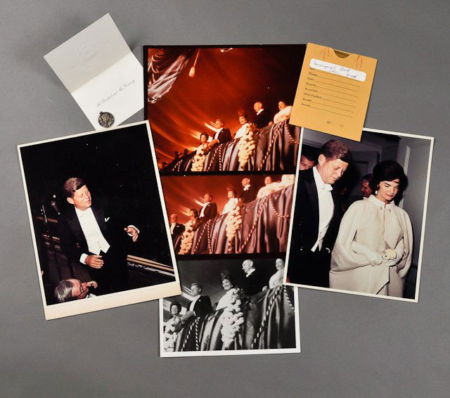 1961-Jan 20, J.F.K. Inauguration Day/ Ball: (4) Color photographs of the Inaugural Ball including (2) close-ups of J.F.K. with Jackie. And (1) black and white image and negative which had been cropped. (1) Mounted, 8" x 10" each. Together with