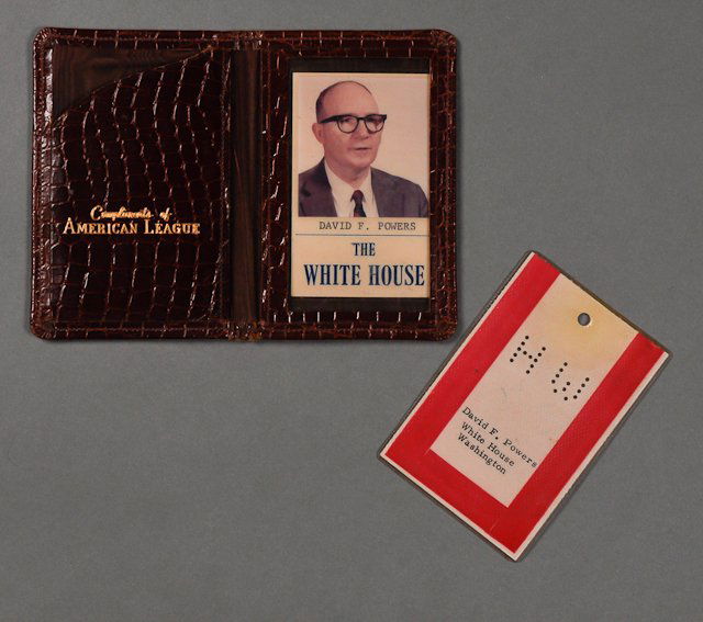 1961-"President Kennedy, Outfitting Staff": David F. Powers White House Entrance Passes including (1) Photo ID with vital descriptions and (1) Pass to be worn around neck. Encased in an oxblood alligator fold, "Compliments of American League,"