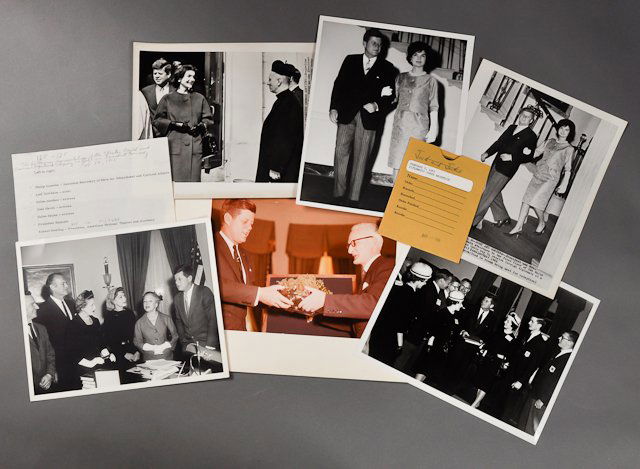 1961-Mar, "President Kennedy, Photographs": (6) Photographs (1) color photograph of Ambassador Kiernan presenting shamrocks to J.F.K., 7 1/2" x 9", taken by the White House Signal Agency on March 17, 1961; (1) photograph of J.F.K. with the 4-H