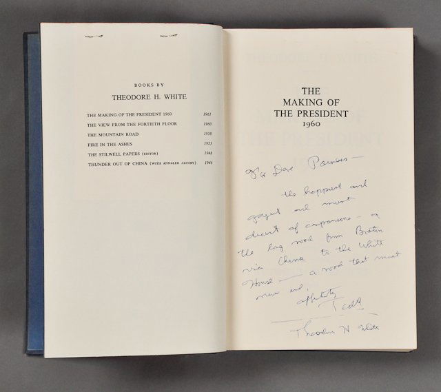 1961-"The Making of the President 1960": (1) Hardcover edition published in 1961, inscribed by the author "For Dave Powers…..Theodore H. White". Condition: Toning, wear, soiling, wear to cover