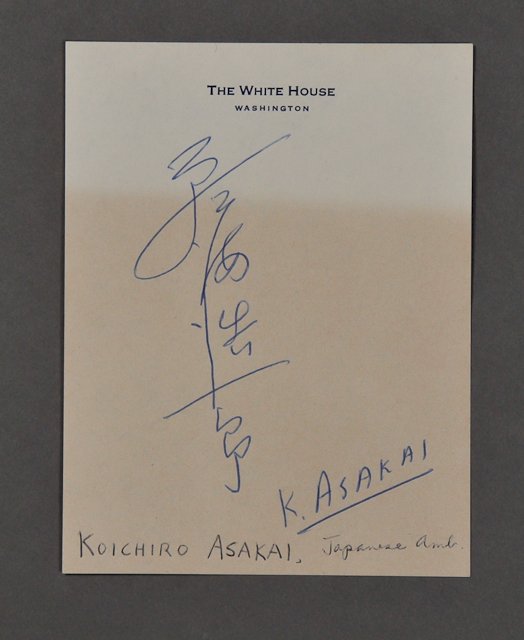 1961-June 20, J.F.K., The White House: (1) Autograph of Japanese Ambassador Koichiro Asakai in characters and in pinyin on White House memo paper, June 20, 1961. Condition: Toning