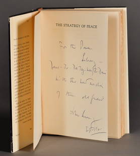 1961-J.F.K. Signed "The Strategy of Peace": (1) Hardcover edition published in 1961, inscribed by the author "For the Powers' Library- Dave~Jo~Dee Jay~Mary Jo~Diane- With the best wishes of their old friend John Kennedy, Sept 1961" 8 1/2" x 6".