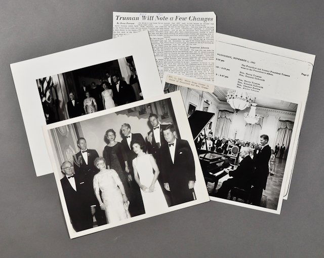 1961-Nov 1, J.F.K. w/ Former President Truman: (2) Photographs of the Kennedys and the Trumans at the Nov. 1 White House Dinner, 8" x 10" each, taken by Cecil Stoughton. (1) Photograph of the Trumans and the Kennedys Nov 1, 1961, taken by the Nati