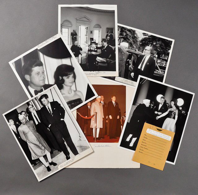 1961-Nov 7, J.F.K., Photograph Signed Nehru: (3) Photographs of Dave Powers and J.F.K., Jackie and Prime Minister Jawaharlal Nehru on Nov 7, 8" x 10", taken by White House Staff. Pressure sensitive labels. (1) Color photograph of J.F.K. with Neh