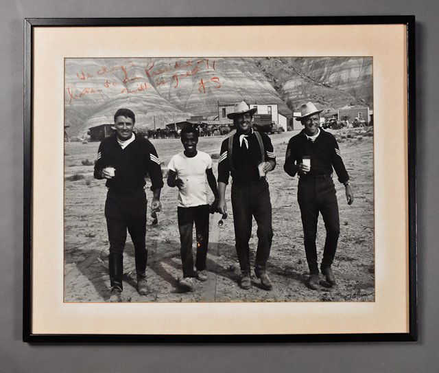 1961-Dec, Rat Pack, Signed by Frank Sinatra: (1) Photograph of Peter Lawford, Sammy Davis, Jr., Dean Martin and Frank Sinatra, on the set of Sergeants 3, a remake of Gunga Din. released in 1962, signed "We chaps listen to our President-Milk is g